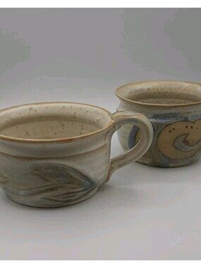 Vintage 2 Hand Made Studio Art Pottery Mug Soup Bowl With Handle Signed